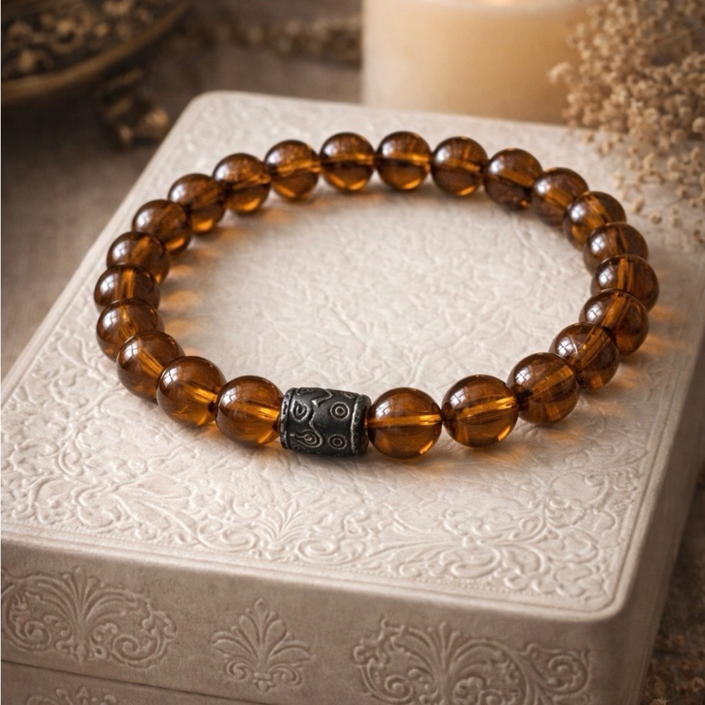 Honey Amber Look Beaded Stretch Bracelet / Warm Resin Boho Stackable